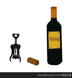 Hand drawn wing corkscrew with bottle of wine illustration on white background. Vector illustration.. Bottle and glass with wing corkscrew