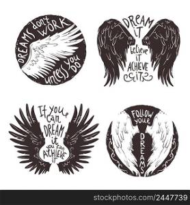 Hand drawn wings label set with motivation text isolated vector illustration. Wings Label Set