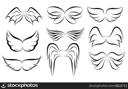 Hand drawn wings logo set. Vector doodle winged icons. Set of logo with linear wings illustration
