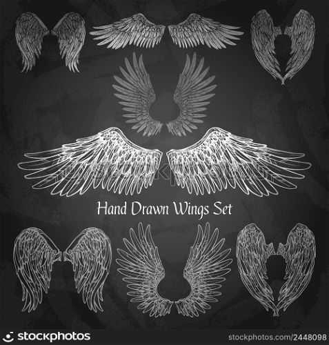 Hand drawn wings set on chalk board isolated vector illustration. Wings Chalkboard Set
