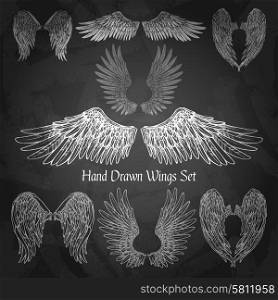 Hand drawn wings set on chalk board isolated vector illustration. Wings Chalkboard Set