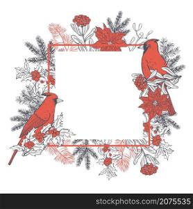 Hand drawn winter birds. Vector frame with red cardinals. Sketch illustration.. Vector frame with red cardinals.