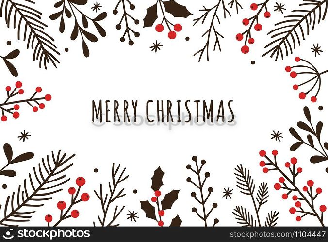 Hand drawn winter christmas frame. Floral ornate greeting card, doodle leaves and branches with berries. 2020 Xmas holidays poster, evergreen juniper and fir brunches vector illustration. Hand drawn winter christmas frame. Floral ornate greeting card, doodle leaves and branches with berries vector illustration