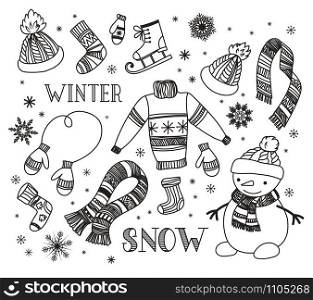 Hand drawn winter doodle set. Design elements collection knitted caps, scarf, sweater, mittens, socks, ice skates and snowman Vector illustration isolated on white. Design elements collection.. Winter doodle set