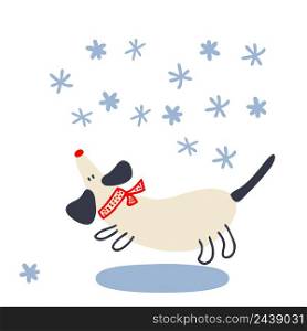 Hand drawn winter happy dachshund and snowflakes. Perfect for T-shirt, postcard, textile and print. Doodle vector illustration for decor and design.