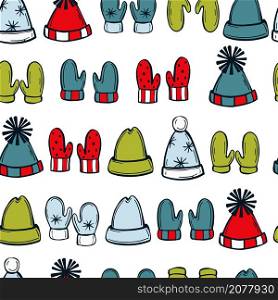 Hand drawn winter hats and mittens. Vector seamless pattern. . Vector pattern with winter hats and mittens.