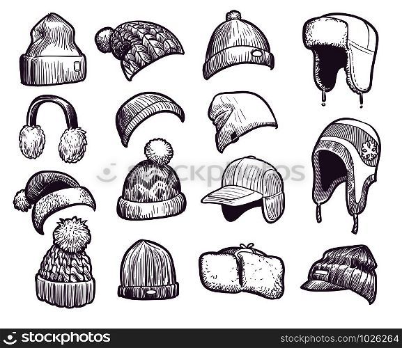 Hand drawn winter hats. Set of different knitted hat with pom pom and ear flap, fisherman beanie, sport cap headwear sketch vector warm christmas fur headphones and caps set. Hand drawn winter hats. Set of different knitted hat with pom pom and ear flap, fisherman beanie, sport cap headwear sketch vector set