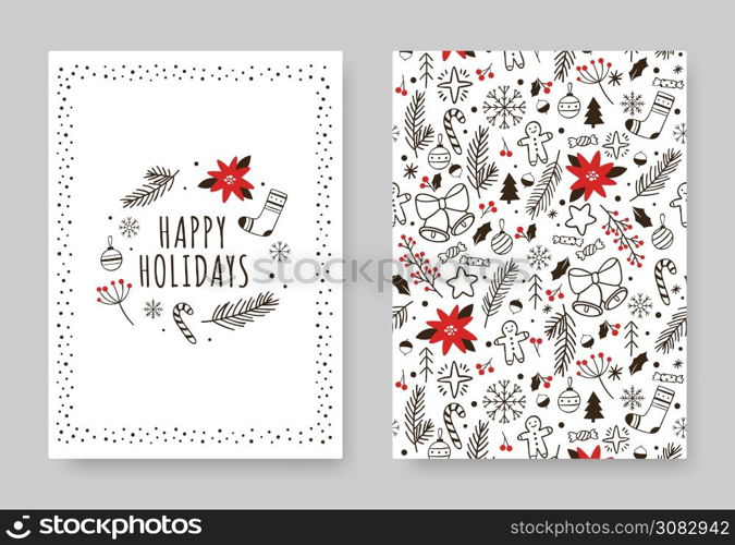 Hand drawn winter holidays card. Xmas decoration drawing vintage poster banner on invitation cards with pattern and xmas elements illustration. Hand drawn winter holidays card. Xmas decoration drawing