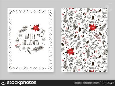 Hand drawn winter holidays card. Xmas decoration drawing vintage poster banner on invitation cards with pattern and xmas elements illustration. Hand drawn winter holidays card. Xmas decoration drawing