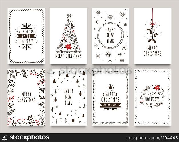 Hand drawn winter holidays cards. Merry Christmas card with floral ornaments, New Year tree and snowflakes frame. 2020 Xmas greeting or invitation inspire quote cards. Isolated vector icons set. Hand drawn winter holidays cards. Merry Christmas card with floral ornaments, New Year tree and snowflakes frame vector set