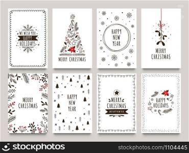 Hand drawn winter holidays cards. Merry Christmas card with floral ornaments, New Year tree and snowflakes frame. 2020 Xmas greeting or invitation inspire quote cards. Isolated vector icons set. Hand drawn winter holidays cards. Merry Christmas card with floral ornaments, New Year tree and snowflakes frame vector set
