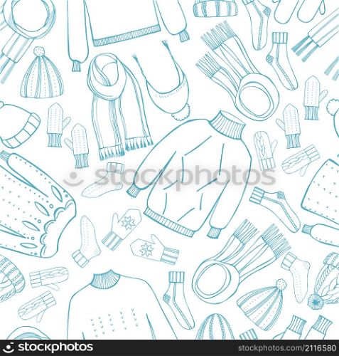 Hand drawn winter knitted clothes set . Vector seamless pattern
