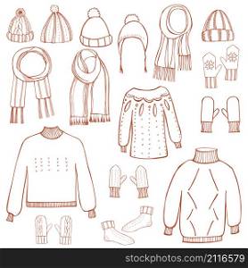 Hand drawn winter knitted clothes set . Vector sketch illustration.