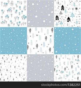 Hand drawn winter pattern set and vector illustration