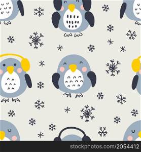 Hand drawn winter penguins with snowflakes seamless pattern. Perfect for T-shirt, textile and prints. Doodle style vector illustration for decor and design.