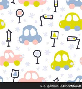 Hand drawn winter seamless pattern of cars in snowfall. Perfect for T-shirt, textile and prints. Cartoon style vector illustration for decor and design.