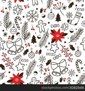 Hand drawn winter seamless pattern. Vector sketch wrapping for xmas greeting, backdrop and wallpaper with snowflake ball and tree illustration. Hand drawn winter seamless pattern. Vector sketch wrapping