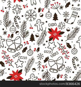Hand drawn winter seamless pattern. Vector sketch wrapping for xmas greeting, backdrop and wallpaper with snowflake ball and tree illustration. Hand drawn winter seamless pattern. Vector sketch wrapping