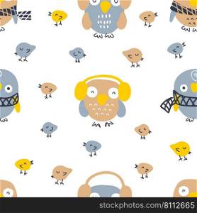 Hand drawn winter seamless pattern with owls and small birds. Perfect for T-shirt, textile and prints. Cartoon style vector illustration for decor and design.