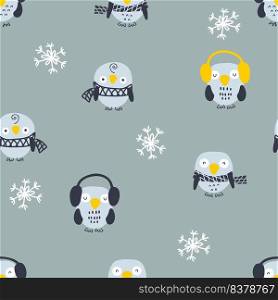 Hand drawn winter seamless pattern with owls and snowflakes. Perfect for T-shirt, textile and prints. Cartoon style vector illustration for decor and design.