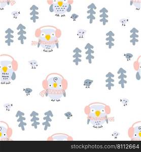 Hand drawn winter seamless pattern with owls, birds and christmas trees. Perfect for T-shirt, textile and prints. Cartoon style vector illustration for decor and design.