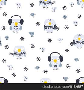 Hand drawn winter seamless pattern with owls, birds and snowflakes. Perfect for T-shirt, textile and prints. Cartoon style vector illustration for decor and design.