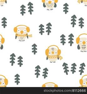Hand drawn winter seamless pattern with owls in headset and christmas trees. Perfect for T-shirt, textile and prints. Cartoon style vector illustration for decor and design.