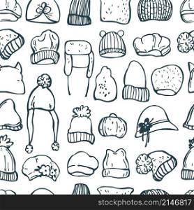 Hand drawn winter women&rsquo;s hats. Vector seamless pattern.. Vector pattern with winter women&rsquo;s hats.