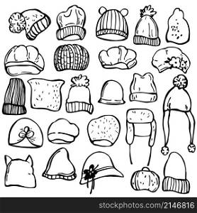 Hand drawn winter women&rsquo;s hats. Vector sketch illustration.. Winter women&rsquo;s hats. Vector illustration.