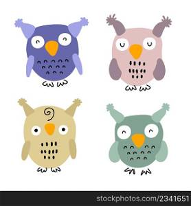 Hand drawn wise owls vector collection. Design for T-shirt, stickers and print. All elements are isolated.