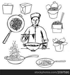 Hand-drawn wok set. Asian street food. Frying pan wok, noodles in a paper box, chef preparing noodles. Vector sketch illustration.. Wok set. Asian street food. Sketch illustration.