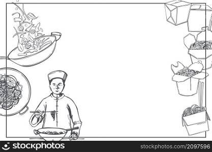 Hand-drawn wok set. Asian street food. Frying pan wok, noodles in a paper box, chef preparing noodles. Vector background. Sketch illustration.. Wok set. Asian street food. Vector background.