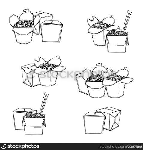 Hand-drawn wok set. Asian street food. Wok noodles in a paper box. Vector sketch illustration.. Wok noodles in a paper box. Sketch illustration.