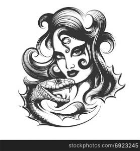 Hand drawn Woman head with snake Isolated on white background.Tattoo art vector illustration.