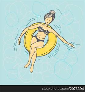 Hand drawn woman swim on inflatable circle in pool. Vector sketch illustration.. Hand drawn woman swim on inflatable circle in pool.