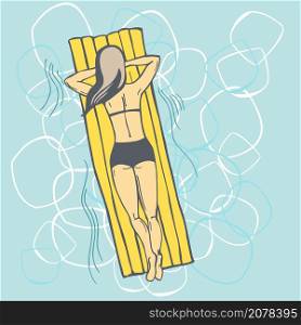Hand drawn woman swim on on the yellow air mattress in pool. Vector sketch illustration. . Hand drawn woman swim on on the yellow air mattress in pool.