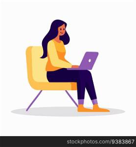 Hand Drawn woman working on the sofa in flat style isolated on background