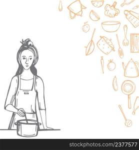 Hand-drawn women cooking. Vector background. Sketch illustration.. Woman cooking. Vector background.