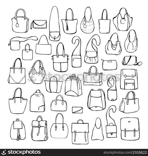 Hand drawn women&rsquo;s bags. Vector sketch illustration.. Women&rsquo;s bags. Vector illustration.