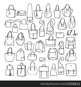 Hand drawn women&rsquo;s bags. Vector sketch illustration.. Women&rsquo;s bags. Vector illustration.