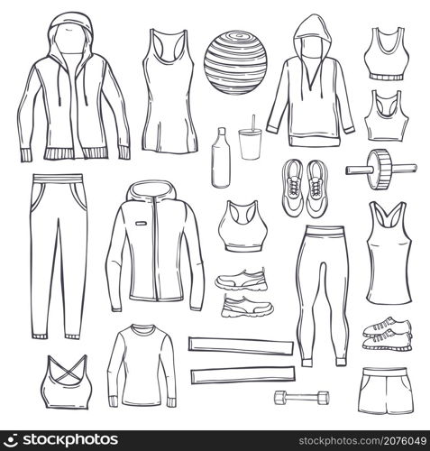 Hand drawn women&rsquo;s clothes for sports and fitness. Sport style shirts, pants, jackets, tops, shorts. Vector sketch illustration.. Clothes for sports and fitness. Sketch illustration.