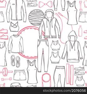Hand drawn women&rsquo;s clothes for sports and fitness. Sport style shirts, pants, jackets, tops, shorts. Vector seamless pattern. . Clothes for sports and fitness. Vector pattern.