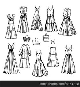 Hand-drawn women’s summer dresses and bags. Vector sketch illustration.. Sketch summer dresses and bags. 