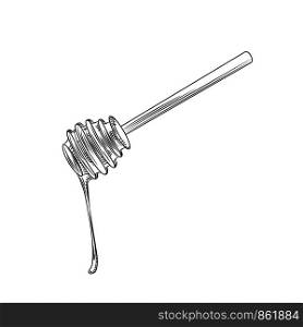 Hand drawn wooden honey dipper isolated on white background. Engraved style. Vector illustration. Hand drawn wooden honey dipper isolated on white background.