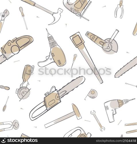 Hand drawn working tools. Vector seamless pattern. Hand drawn working instrument set
