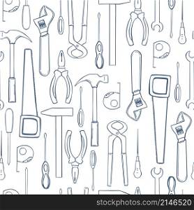 Hand drawn working tools. Vector seamless pattern. Hand drawn working instrument set