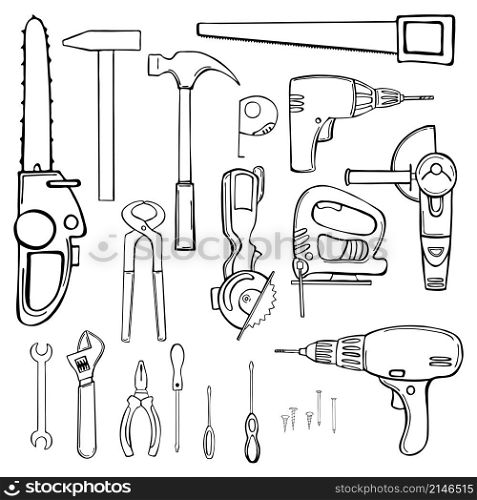 Hand drawn working tools. Vector sketch illustration.. Hand drawn working instrument set