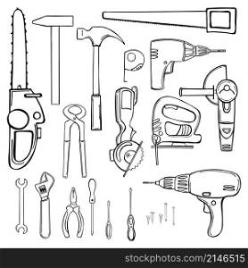 Hand drawn working tools. Vector sketch illustration.. Hand drawn working instrument set