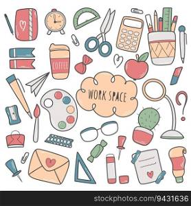 Hand drawn workspace set. Student stationery items, office worker or pupil doodle style collection. Cute attributes for work and study, isolated vector illustration. Hand drawn workspace set vector illustration