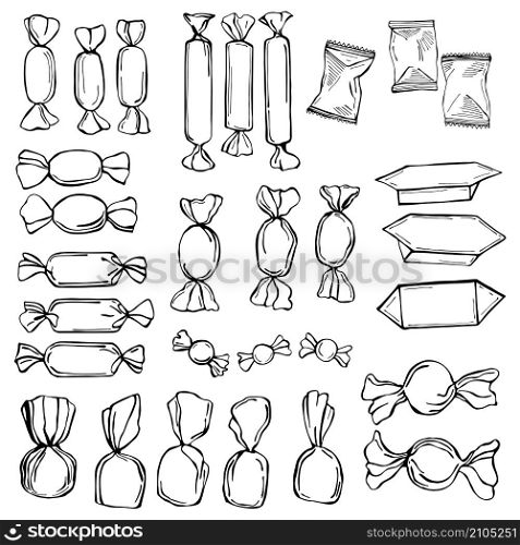 Hand drawn wrapped candy set. Vector sketch illustration.. Hand drawn wrapped candy set.